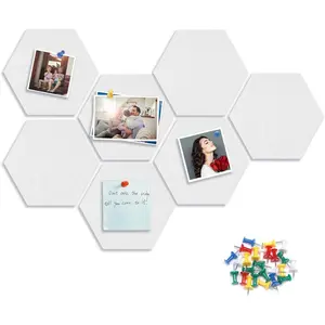 8 Packs White Hexagon Felt Pin Board 12" Bulletin Board with 30 Push Pins Felt Board for Home Kitchen Office Decor Self-Adhesive Corkboard Tiles for Walls School Message Photos Memos