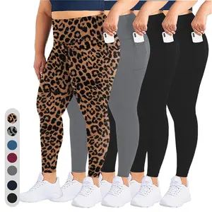 Plus Size Pocket Sports Leggings for Women,High Waist Skinny Pants for Yoga Gym Workout, Ladies Plus Size Legging with Leopard Print, for All Seasons, Suitable for Yoga,Training, Running