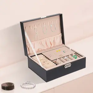 New Double-Layer Leather Jewelry Box with Lock, Jewelry Storage Box, Double-Layer PVC Jewelry Box in Black Organiser