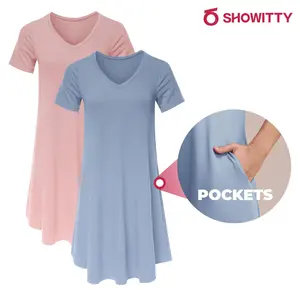 SHOWITTY 2-Pack Women's Casual T-Shirt Loungewear Dresses with Pockets, Plus Size Clothing Short Sleeves Pajama Dress, Relaxed Swing Fit Summer