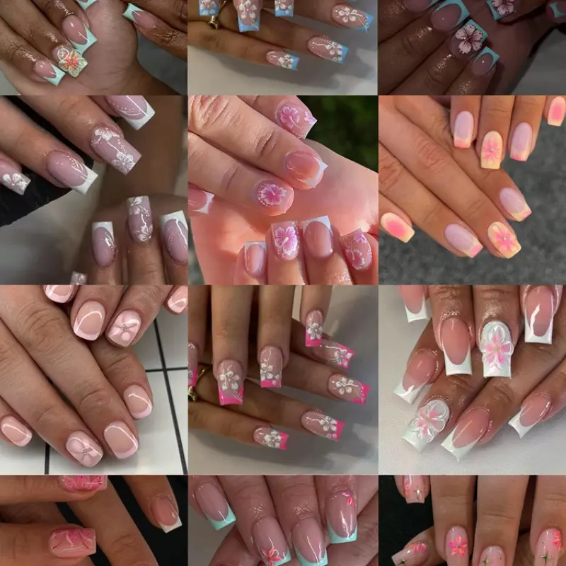 288pcs Flower Short Square Nails, Fake Nails, Nude Cherry Blossom Theme, Reusable, Multiple Styles, Easy to Wear, Perfect for All Seasons, Nail Design