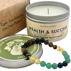 Wax & Wit 7oz Sage & Bergamot Success Candle with Manifestation Bracelet - Attract Prosperity & Positive Energy, Manifestation Candle Decor