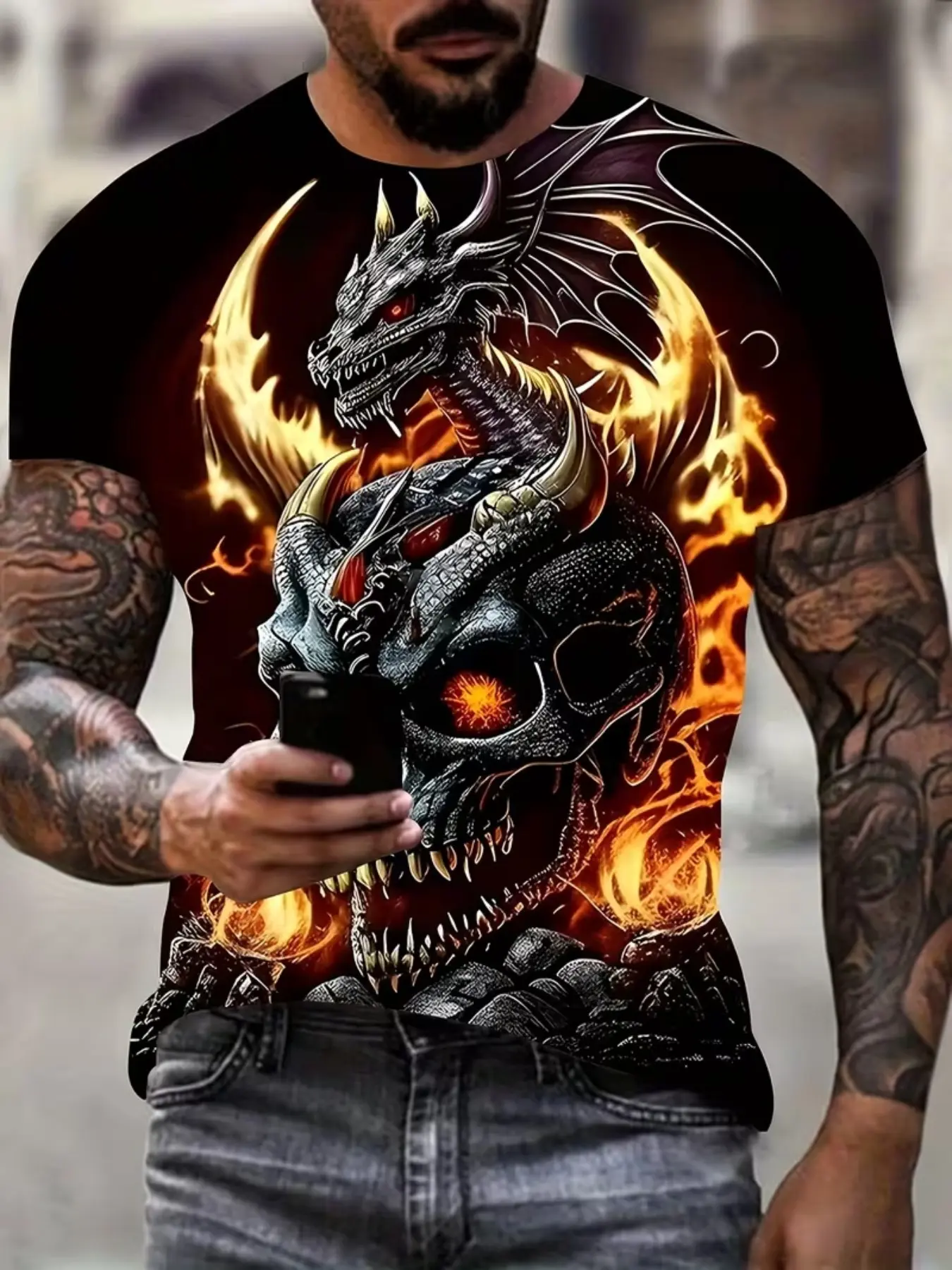 Men's 3D Casual Cotton T-Shirt, Fire Dragon Pattern Digital Print, Round Neck Loose Short Sleeve, Top Summer Clothing