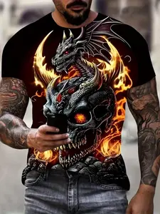 Men's 3D Casual Cotton T-Shirt, Fire Dragon Pattern Digital Print, Round Neck Loose Short Sleeve, Top Summer Clothing