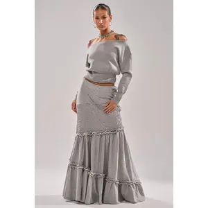 IT ONLY GETS BETTER RUCHED MAXI SKIRT IN HEATHER GREY