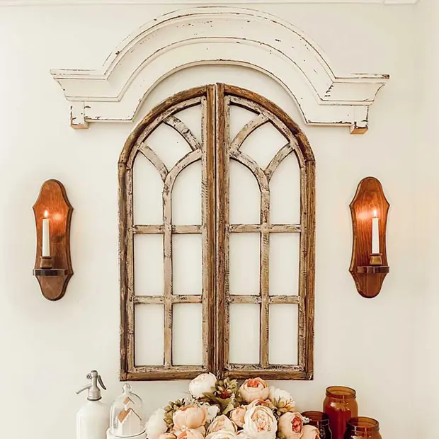 ANTIQUE FARM HOUSE 2-Piece Antiqued Arched Wooden Window Frame Set - Artistic Cottage-Chic Patina Distressed Hanging Home Decor Wall Accent for Living Room, Decoration Piece