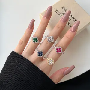 925 Sterling Silver Four Leaf Clover Ring Multicolor 5A Zirconia  Women’s Elegant Jewelry Gift for Her Charm Emerald Leaf Ring Three Stone Ring