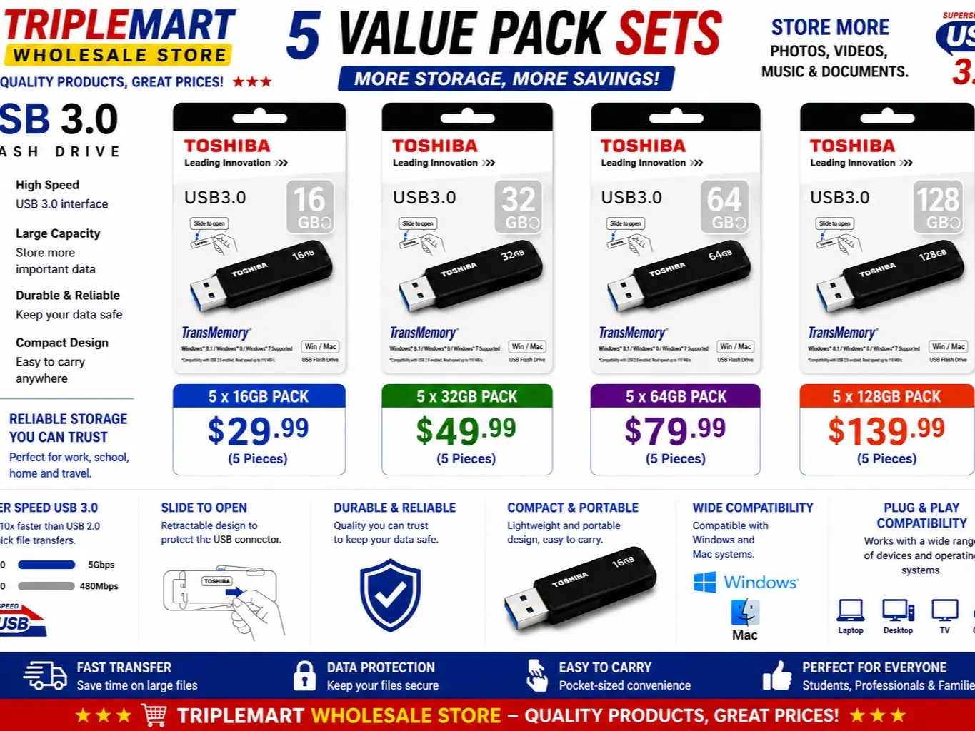 Pack of 5 Toshiba TransMemory USB 3.0 Flash Drive – Fast, Reliable & Porta Lot