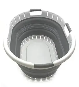 SAMMART 57L (15 Gallons) Collapsible 3-Handled Plastic Laundry Basket - Oval Tub - Portable Washing Tub - Pop up Laundry Hamper (1 pc - Oval, Dark Grey)