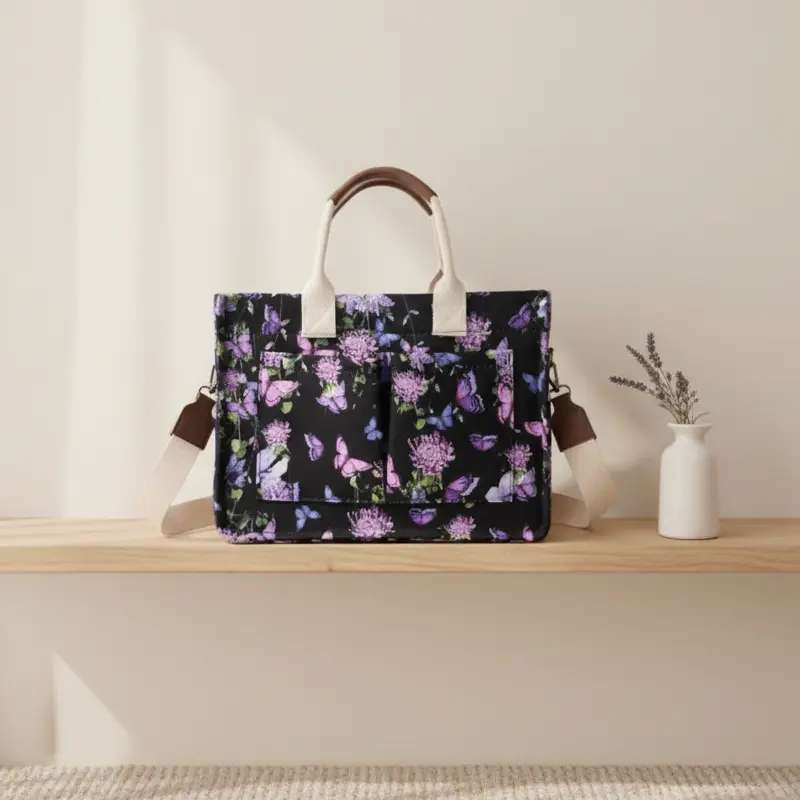 Butterfly Print Women’s Tote Bag – Stylish Crossbody & Shoulder Bag with Multiple Pockets, Travel, Shopping & School Essentials Organizer, Built-In Water Bottle Strap, Durable Lightweight Everyday Tote
