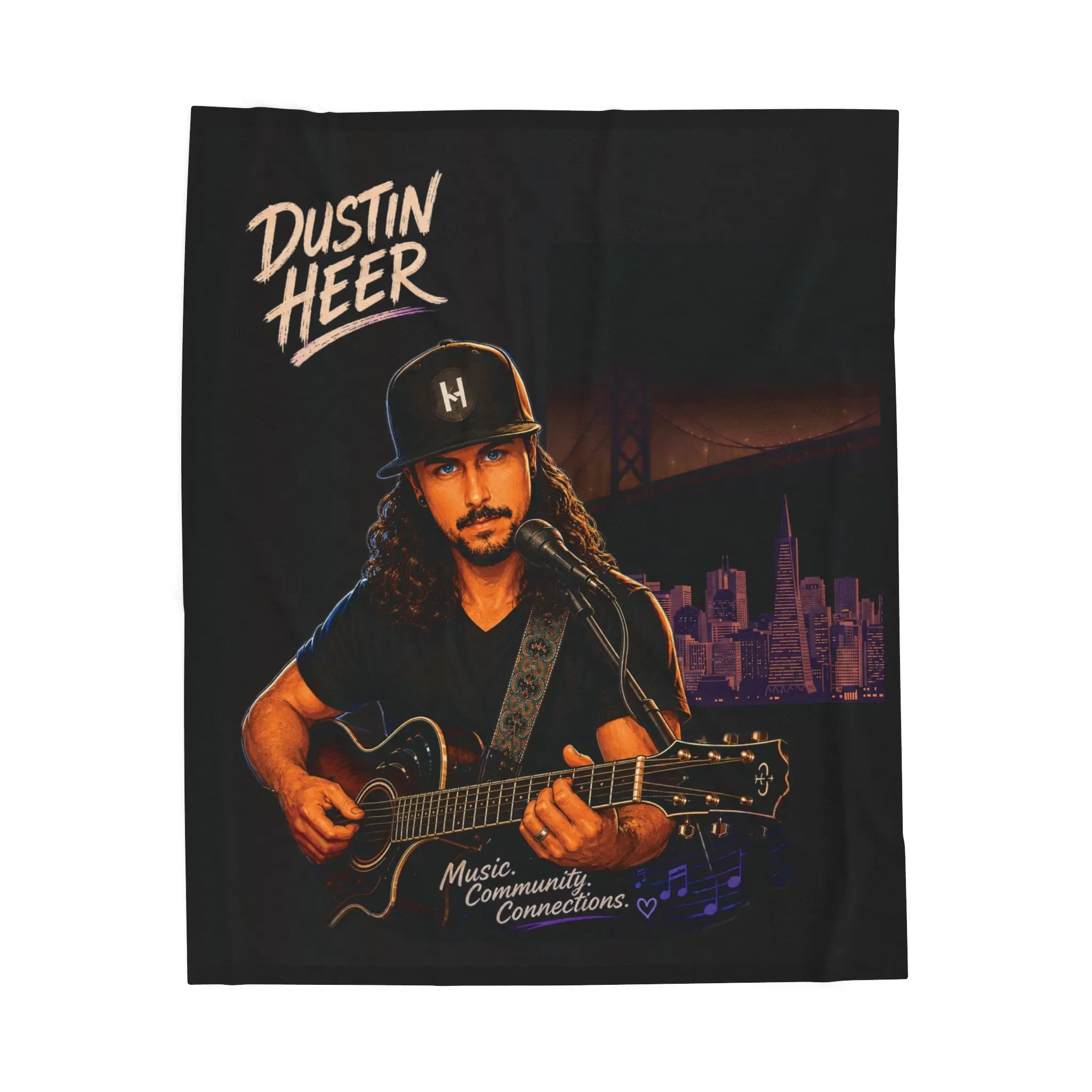 Dustin Heer Guitar Portrait Blanket | Musician Illustration, City Skyline