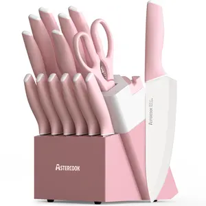 Astercook 14-Piece Professional Kitchen Knife Set – High Carbon Stainless Steel Chef, Bread, Santoku & Steak Knives with Hardwood Block, Ideal Valentine’s Day Gift Pink Wooden