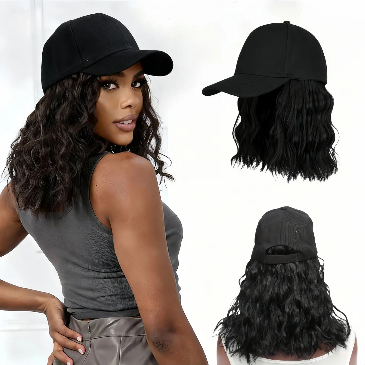 Baseball Cap Wig with Short Curly Synthetic Hair, Adjustable Hat with Wavy Hair Extensions for Women, Curly Hair Wigs Machine Made Wig Beanie Wigs Curly Wave Synthetic Curly Wave Synthetic Curly Wave Synthetic