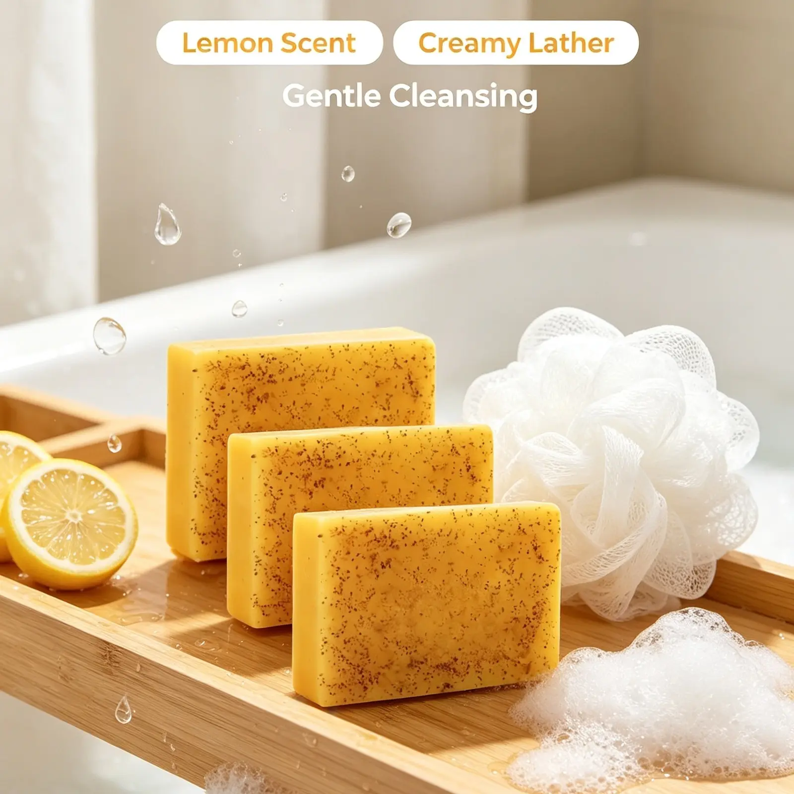 3-Piece Organic Turmeric Kojic Acid Fresh Lemon Soap Bars Set - Skin-Friendly Daily Use Body Care Products, Brightening Body Wash Cleanser for Bath & Shower