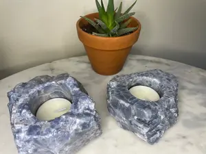 BLUE CALCITE CANDLE HOLDER SET