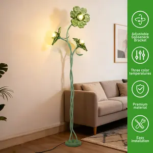 Vintage Flower Floor Lamp for Girls' Bedroom, Cute 3 Heads Floor Reading Light with Flexible Gooseneck, 3 Colors Crabapple Flower Modern Corner Standing Lamp for Living Room Office Home Decor
