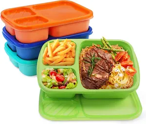 4 Pack Bento Lunch Box Set 3 Compartment Wheat Straw Meal Prep Containers Plastic Microwave Dishwasher Safe Jewel Brights Stackable Collapsible Portable Reusable