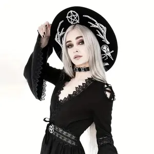 Y2K Retro Gothic Witch Hat, Printed Polyester Felt, Intricate Pentagram & Lace Trim, Lightweight & Hand Washable