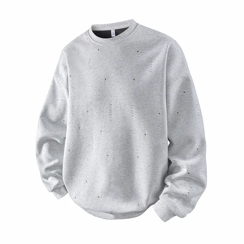 Men's Light Heather Grey Fleece-Lined Round Neck Long-Sleeve Sweatshirt - Distressed Ripped Holes, Ribbed Cuffs & Hem, Loose Oversized Vintage Pullover for Spring, Autumn Daily Casual Wear