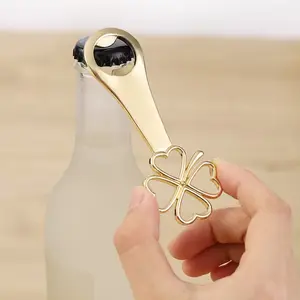 Elegant Golden-Tone Four-Leaf Clover Bottle Opener - Durable Zinc Alloy, Heart-Shaped Design - Ideal for Wedding Favors, Birthday Parties & Beer Enthusiasts