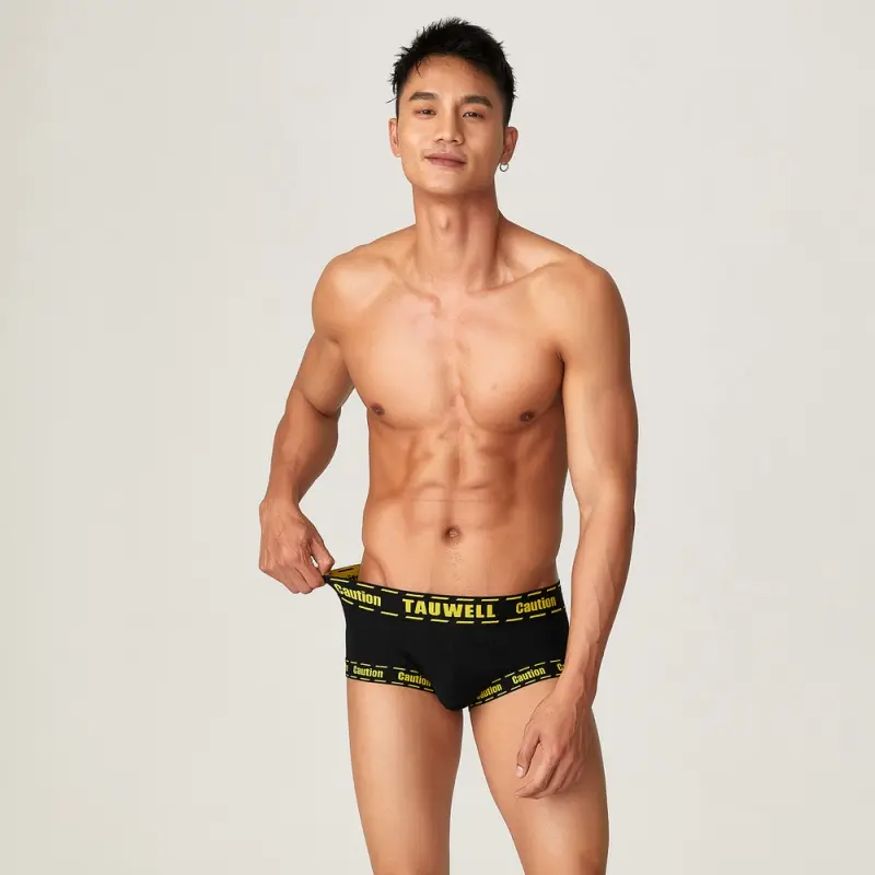 TAUWELL Men’s Caution-Print Trim Boxer Briefs, Soft Cotton Ribbed Stretch Underwear with TAUWELL Logo Waistband and Contoured Pouch-22203