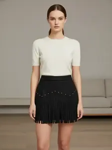 Women's Fringe Trim Short Skirt, Elegant Chic Solid Color Zipper Skirt for Daily Wear, Ladies Bottoms for All Seasons