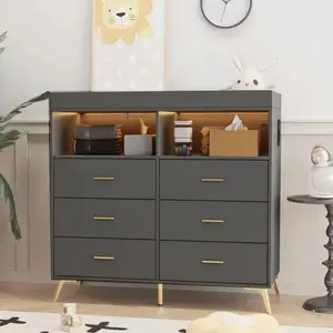 Changing Table Dresser with Drawers, Baby Dresser with Changing Table Top, Power Outlet, LED Light & Metal Feet, Diaper Changing Station Nursery Organizer for Infants Newborn (Grey)