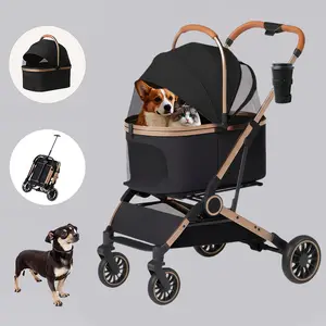 Pet Stroller for Dogs & Cats 4 Wheels Foldable Travel Carrier Waterproof with Storage Basket & Swivel Wheels for Comfortable Walks with Cup Holder