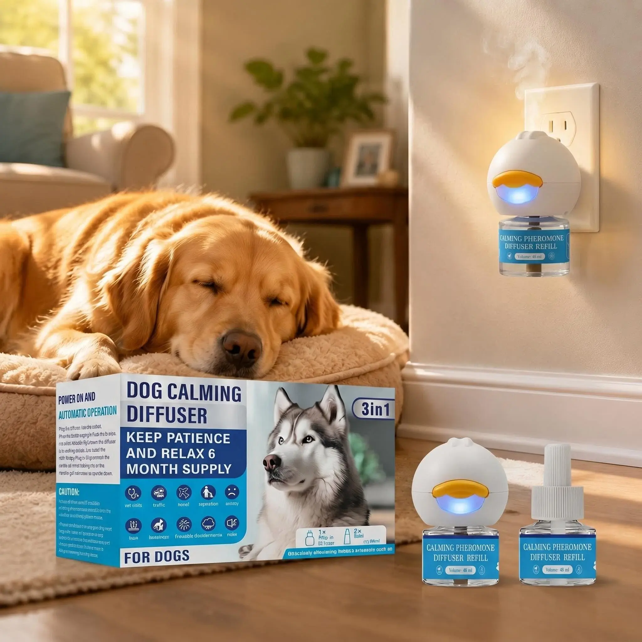 30-Day Dog Calming Diffuser — Helps reduce stress, destructive behavior, accidents while urinating, separation anxiety, barking, and aggression; calming area for dogs; pheromone heated design