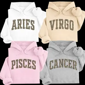 Full 12 Zodiac Leopard Print Hoodie – Minimalist Astrology Sign Pullover, Unisex Horoscope Streetwear Gift for White, Sand, Grey Sport, Pink Color