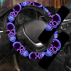 3Pcs/Set Neon Skull Car Interior Set, Vibrant Style, Includes Steering Wheel Cover, Car Seat Belt Cover, No Inner Ring, Vehicle Interior Upgrade, Durable Material, Multi-Part Set, For Women, Car Enthusiasts, Gift For Drivers.11.27QWA-615@616