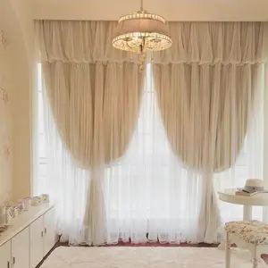 2pcs French Style Lace Curtains with Headboard, Elegant Two-Layer Design for Bedroom Living Room Balcony Floor Window Decoration Bedroom Curtains Arch Home Decoration Curtain
