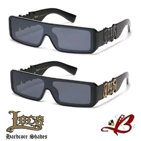 LOCS The Next Generation VISOR Hardcore Shades Big Cutout Logo Bold Glossy Rectangular Frame Adorned Temples  Gothic-Style Logo, Glossy Black or Shiny Gold Logo. Dark Single Gray Lens Sleek Hip Hop Style Futuristic Uv Protection Vintage Sunglasses