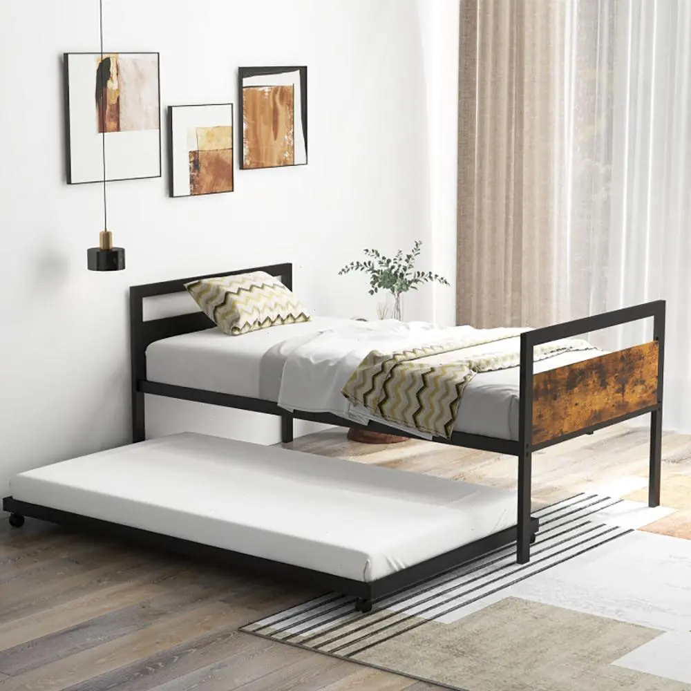 Spaco Industrial Style Powder-Coated Metal Twin-Size Daybed with Trundle, Wood Grain Headboard, Metal Slat Support, Casters, 71"x41"x4.5", Versatile Space-Saving Indoor Bed Frame for Living Room/Study, Assembly Required, No Box Spring Needed, Pull Out Bed