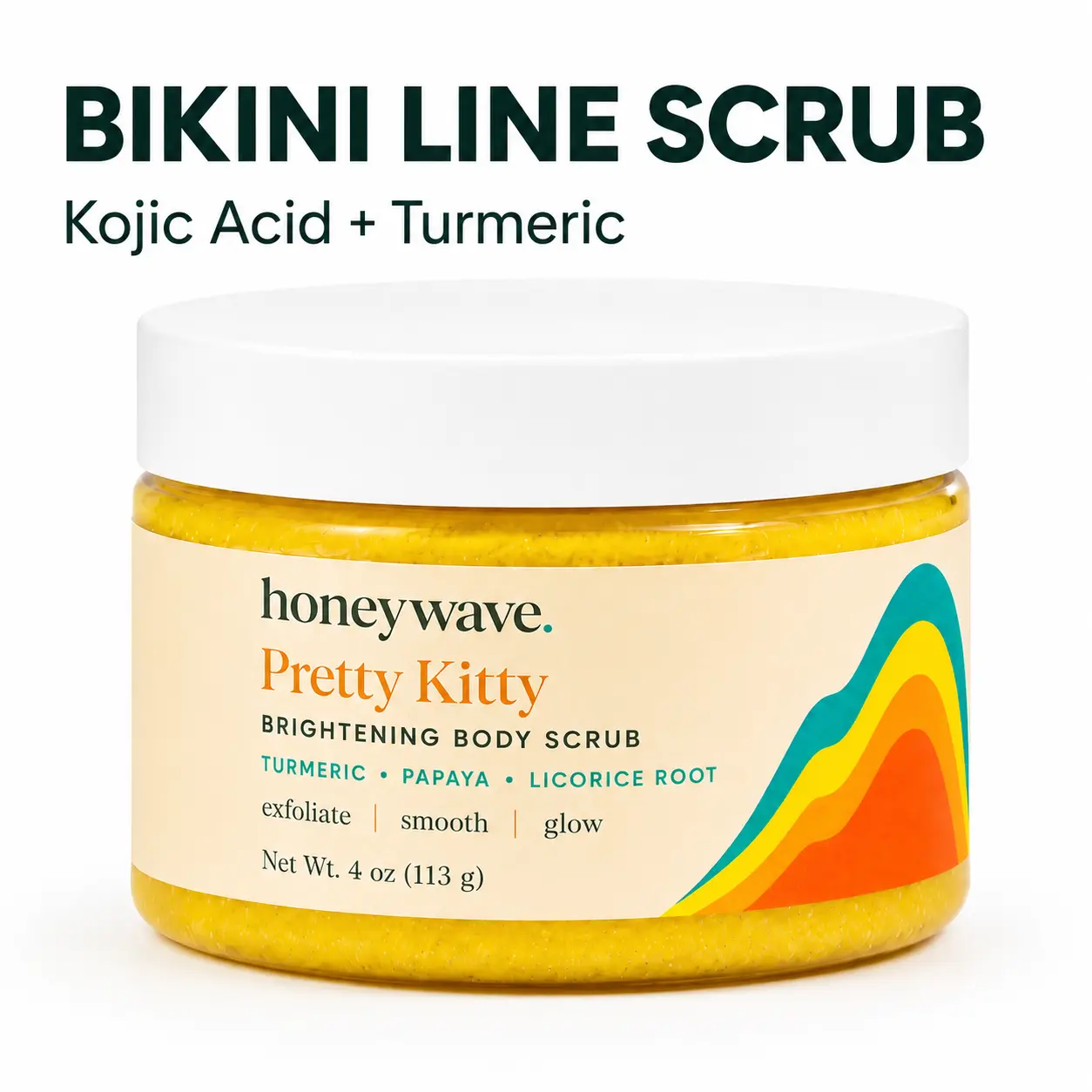 Bikini Area Exfoliator with Kojic Acid, Turmeric, Papaya & Licorice Root, Pretty Kitty Sugar Body Scrub for Bikini Line & Body Care, Smoothing & Brightening