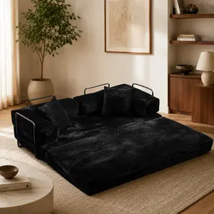 POUUIN 4-in-1 Convertible Futon Sofa Bed, 80.5" Corduroy Sleeper Couch, No Assembly Floor Loveseat Lounge with Removable Arm Pillows & Steel Side Support, Gray outdoorfun