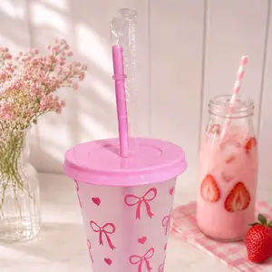 Cute pink kawaii tumbler with bows and hearts  Perfect for your favorite drinks: iced coffee, strawberry milk, juices, or smoothies  Includes lid and reusable straw  Perfect for gifts, room decor, or everyday use