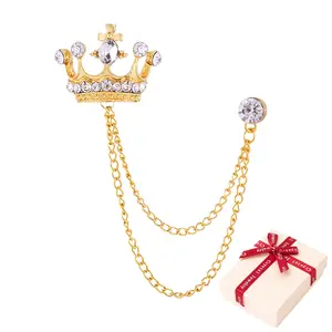 Crown Brooch with Gift Box, Rhinestone Tassel Brooch Pin, Retro Crystal Suit Pins, Long Chain Collar Pin, Gold Coat Tassel Chain Lapel Pins with White Gem for Men's Women’s Suit Accessories