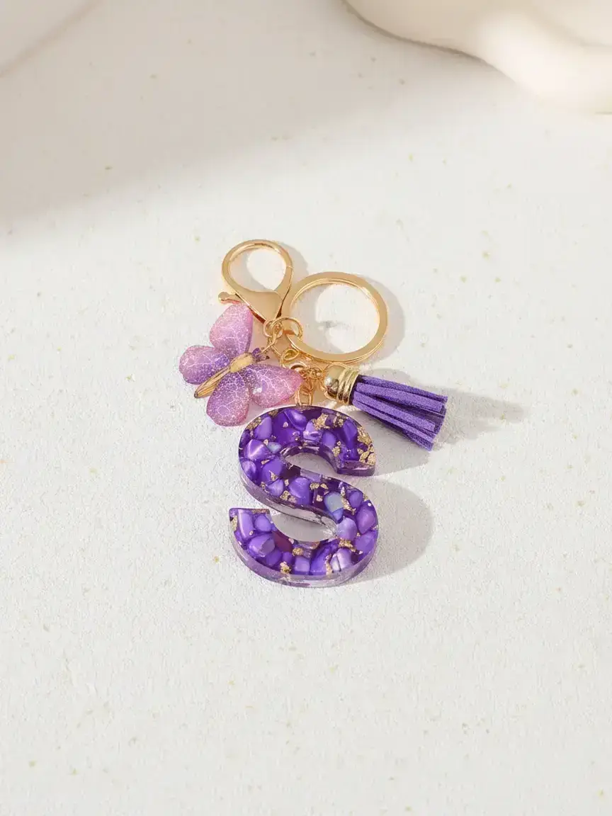 Initials & Butterfly & Fringe Design Keychain, Bag Charm Keychain, Purple Artificial Crystal Drop Glue Keychain for Women & Men, All-match Keychain for Birthday Gift, Keychain for Bags, Keychain for Purse, Cute Keychain