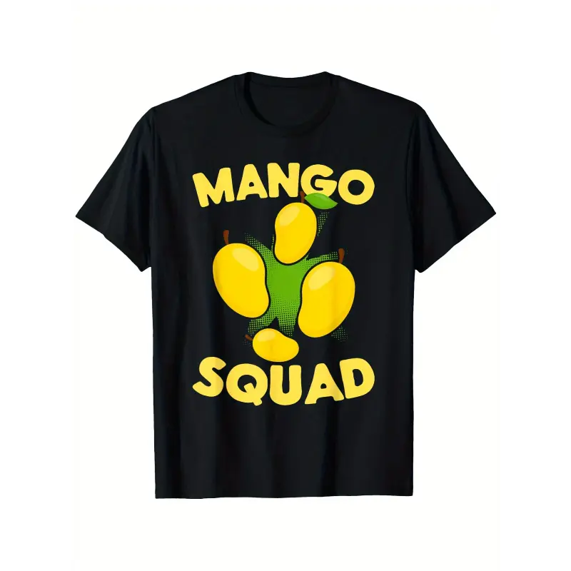 Men's Funny Mango Squad Graphic T-Shirt - Black Tee with Mango Squad Lettering & Yellow Mangoes - Heavyweight 180gsm Cotton Shirt for Casual Casual Attire - Breathable Fabric, Statement Top, Young Adults