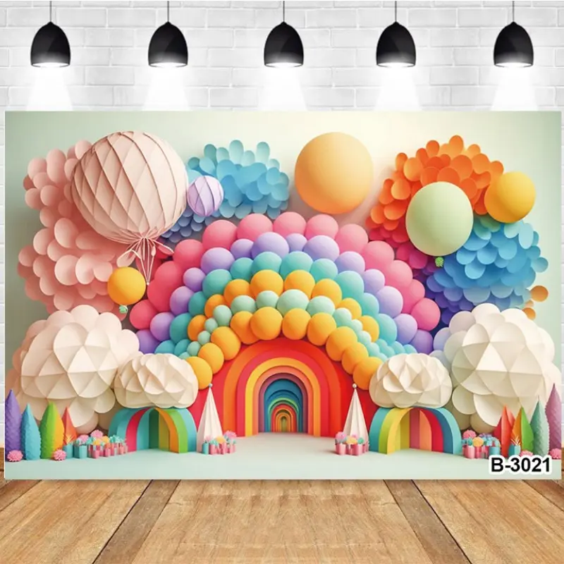Photography Background Colorful Balloons Rainbow Hot Air Balloons Cloud Decorations Birthday Party Photo Studio Backdrop
