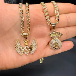 Dollar Sign with Wings Pendant Necklace Gold Plated Hip Hop Jewelry for Men Women