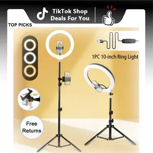 10"Ring Lights with Stand, Video Light Tripod for Phone, With 43.3"Tripod/2 Phone Clips/1 USB Ports, 2600K-6500K Color Temperature, for Makeup TikTok Video Recording Vlog#SummerVibes