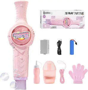 Elastic Smoke Bubble Machine for Kids Rechargeable Magic Bubble Wand with Lights Sound Includes Gloves Spill Proof Cup Safe Solution Green Pink