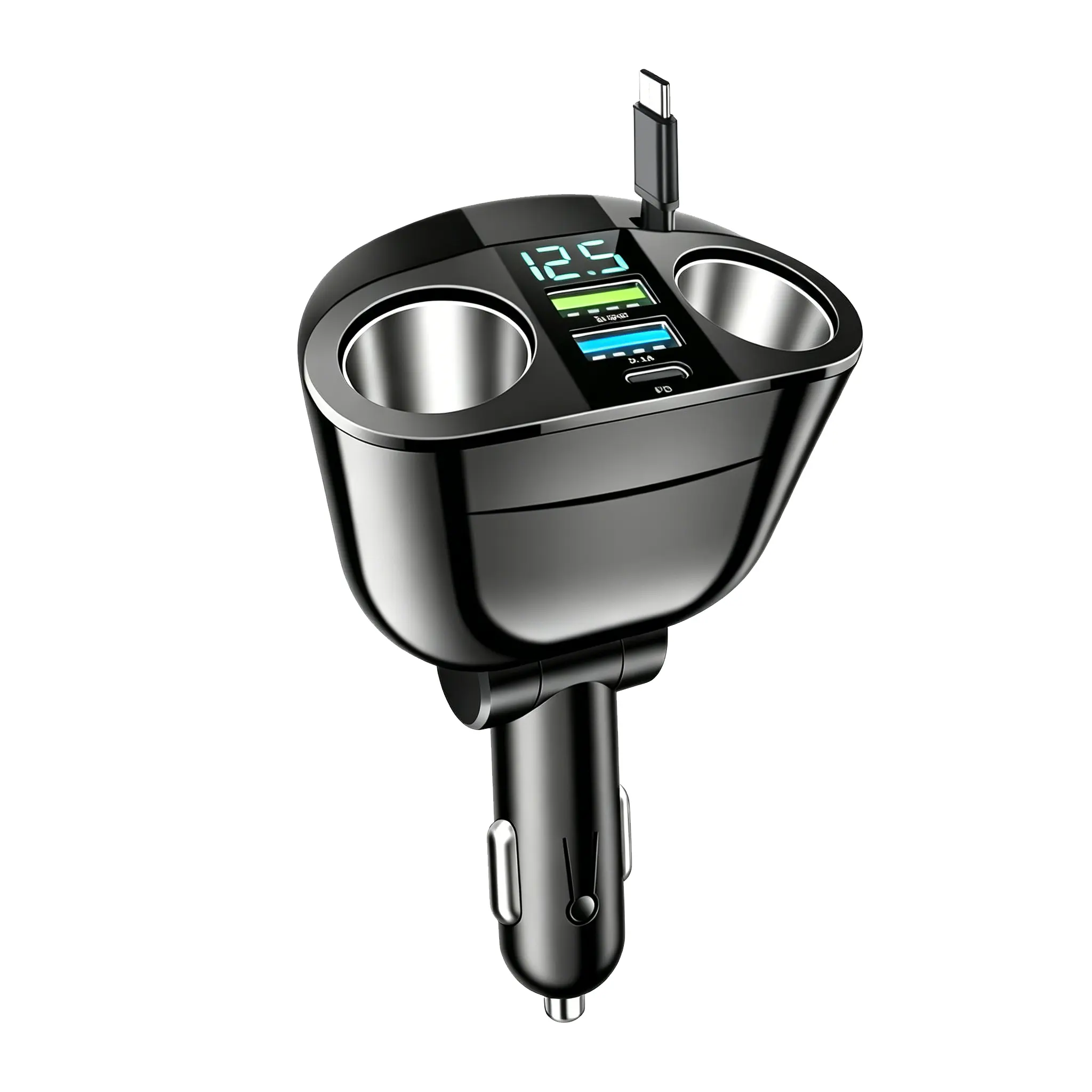 6-in-1 Retractable Cup Holder Car Accessory - 6in1 Model, USB C Charging Station, Dual Port PD QC3.0 Fast Charging, Dual Cigarette Lighter Splitter, LED Real-Time Voltage Monitoring, ABS+PC Shell, Multi Device Compatibility for iPhone Android Vehicles