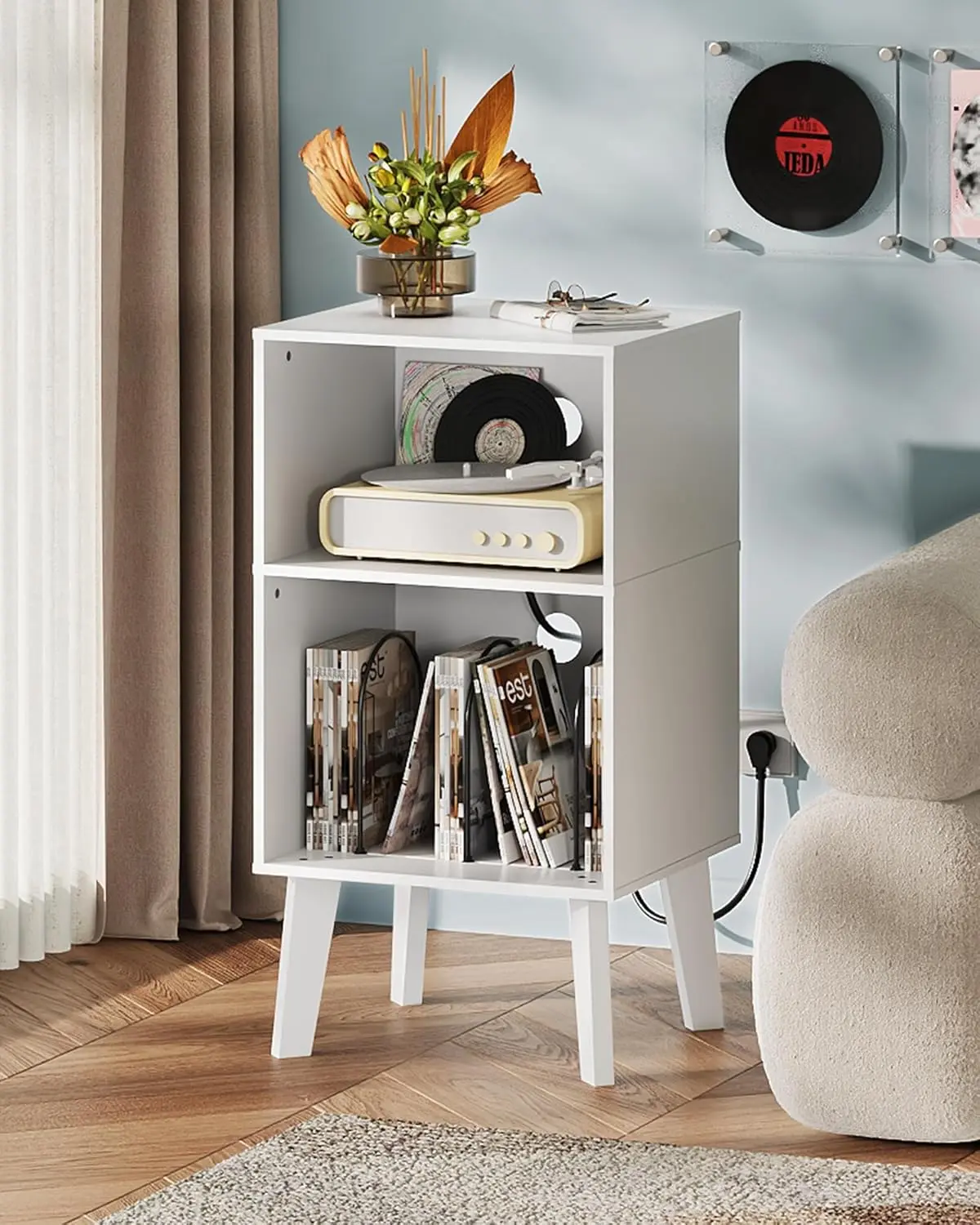 WLIVE Mid-Century Style Bedroom Nightstand, Small Space Furniture with Open Shelf & Sturdy Wood Legs, Compact Storage End Table for Bedroom & Living Room, Midcentury Style Bedroom Furniture