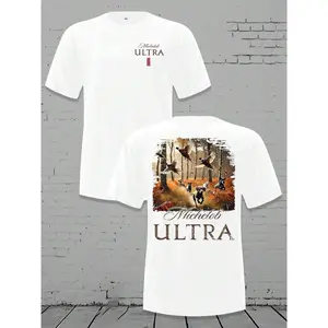 Men's Loose Crewneck T - Shirt - Michelob Ultra Pheasant Hunting Scene Graphic, 180g Soft Cotton Tee