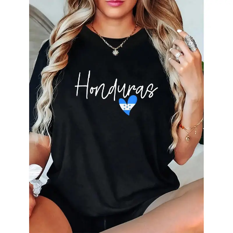 Women's 100% Cotton T-Shirt with Honduras Heart Flag Graphic, Casual Fitted Cut Short Sleeve Round Neck, Casual T Shirts
