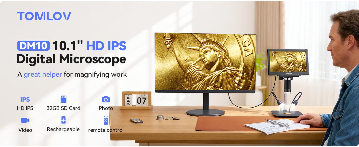 TOMLOV DM10 10.1" Digital Microscope: 1080P 1200X HD IPS Coin Microscope Magnifier for Error Coins with Light, 16MP LCD Soldering Microscopes for Adults with Screen, PC View, 32GB