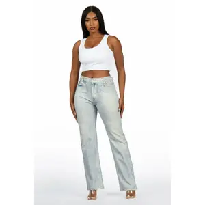 Keiontae Light Wash Denim Print Stretch Terry Sweatpant Jean